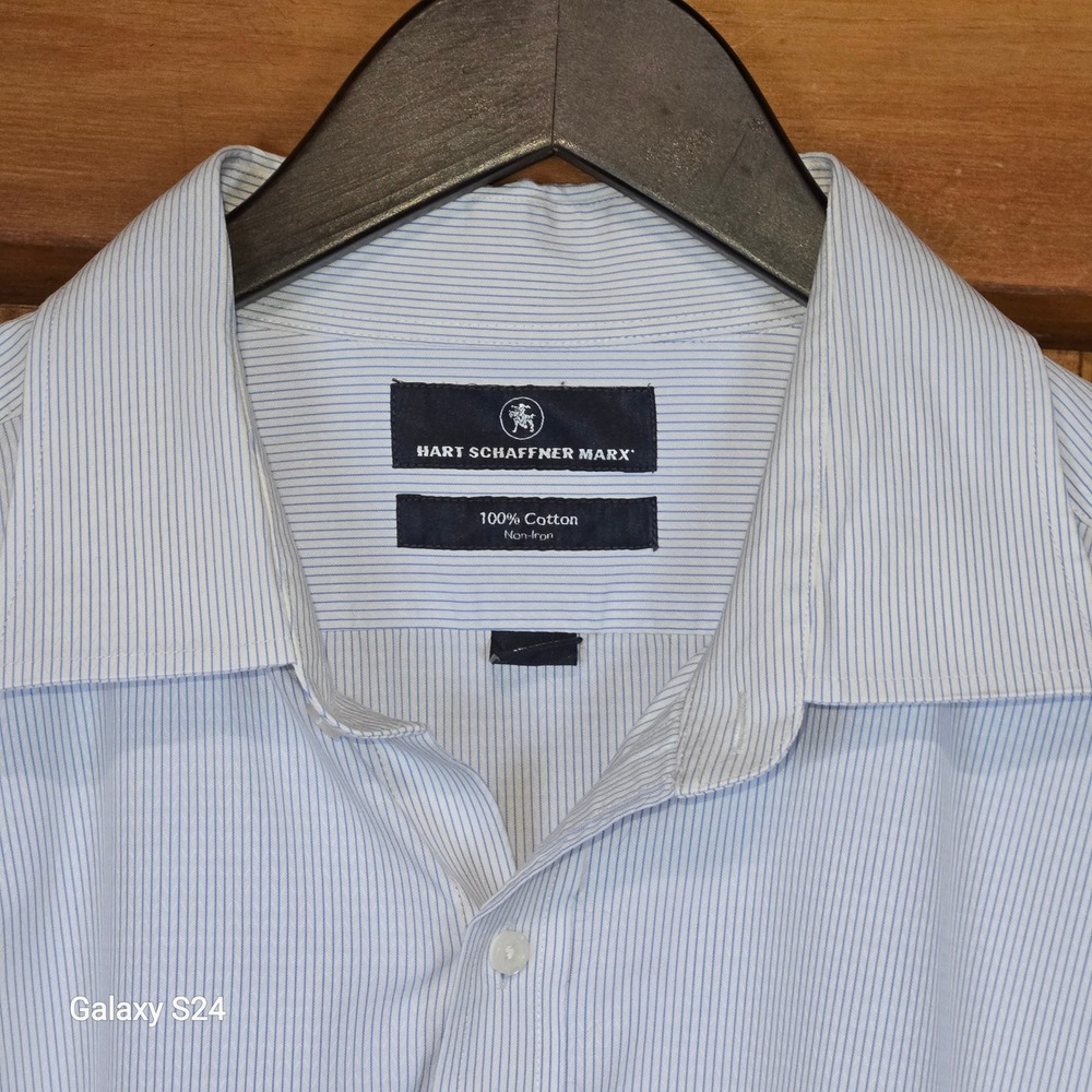 Hart Schaffner Marx Mens Blue Pinstripe Dress Shirt 17.5/34 Cotton Non Iron